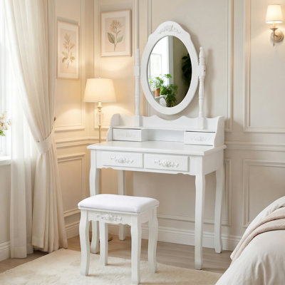 Coiffeuse blanche avec miroir pivotant à 360°, 4 tiroirs, tabouret rembourré, utilisation multifonctionnelle dans la chambre à coucher. Couleur et construction.