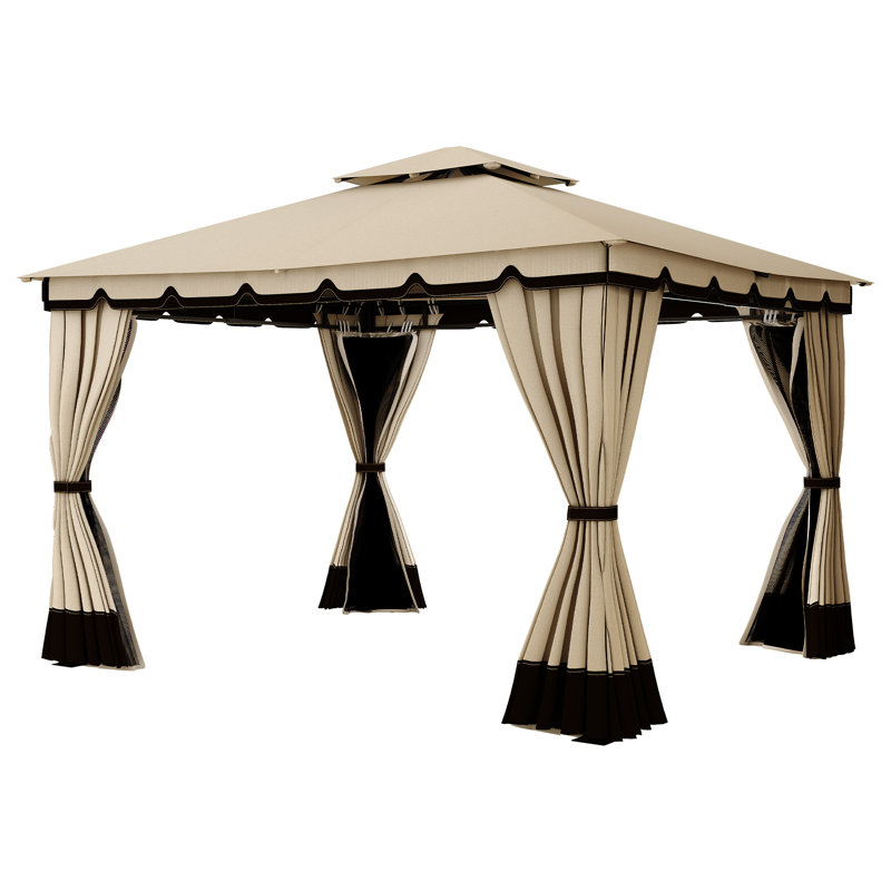 Pavillon de jardin à toit souple 10 pi x 12 pi, pavillon de jardin élégant à auvent extérieur, pavillon à toit souple extérieur avec toit à 2 niveaux et rideau double couche: filet en filet et rideau en polyester