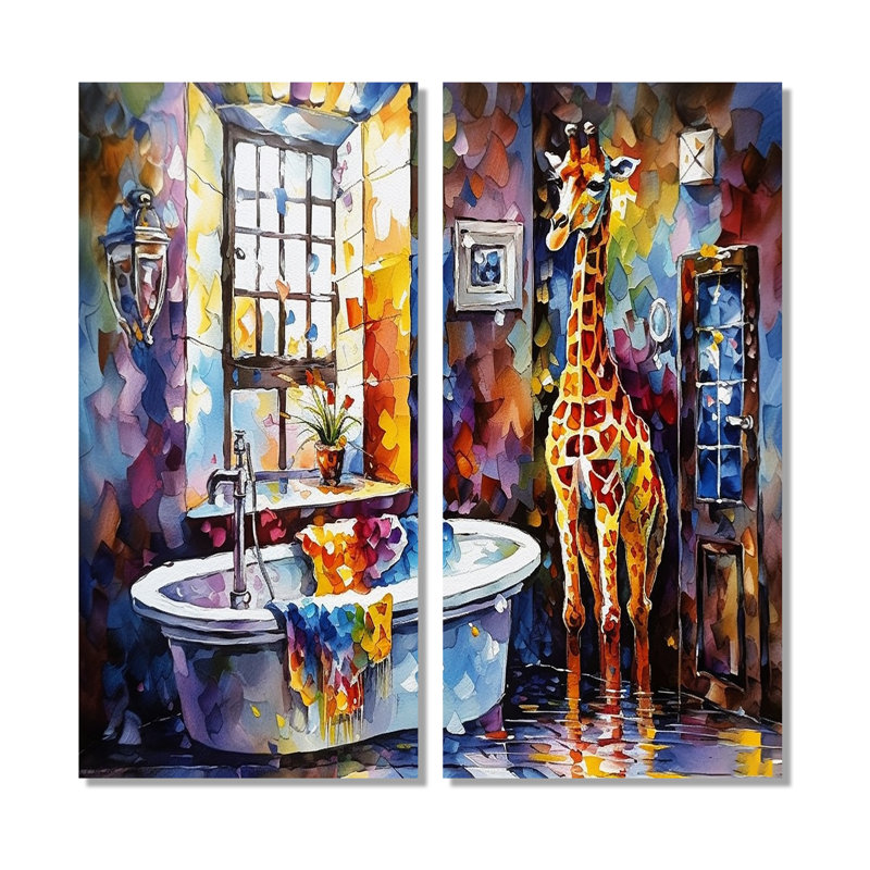 Girafe colorée dans la salle de bain - Grande décoration murale 2 pièces, Toile tendue, H 32 po x l 32 po, Ne s’applique pas