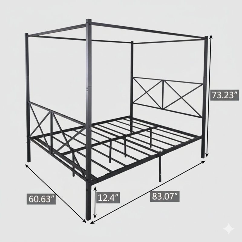 Structure de lit à baldaquin en métal, structure de lit à profil bas grand format avec support en forme de X, finition noire.