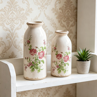 Vintage Rose Ceramic Vase Set of 2, Small Retro Farmhouse Floral Vases, Rustic Home Decor for Living Room, Bedroom, Kitchen, Office, Bathroom Shelf Ce