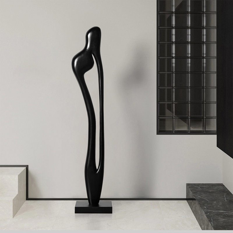 Sculpture de sol moderne en bois abstrait, objet décoratif noir fabriqué à la main pour vestibule minimaliste, art contemporain