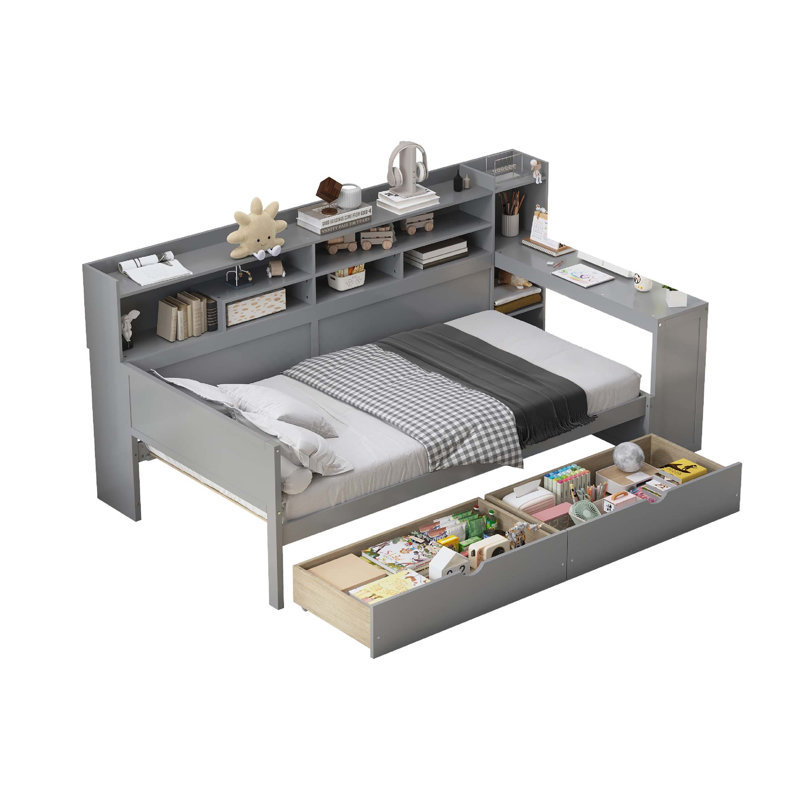 Lit de jour en bois avec tablettes de rangement, lit multifonctionnel avec deux tiroirs et bureau d'étude pour économiser de l'espace
