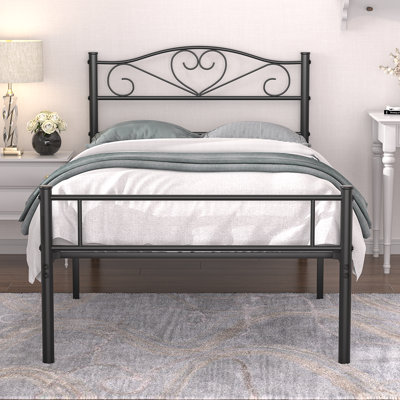 Base de lit simple en métal avec tête et pied de lit, lit plateforme noir moderne avec tête de lit victorienne décorative, sommier à lattes en acier robuste, aucun sommier requis, rangement sous le lit