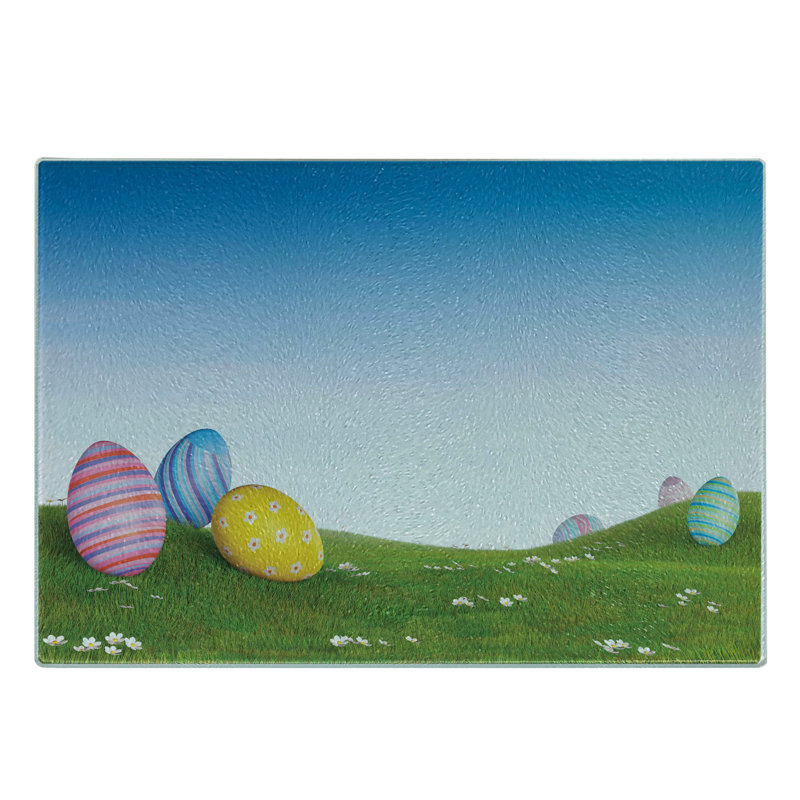 Ambesonne Easter Tempered Glass Cutting Board Eggs on the Hills Spring Multicolor