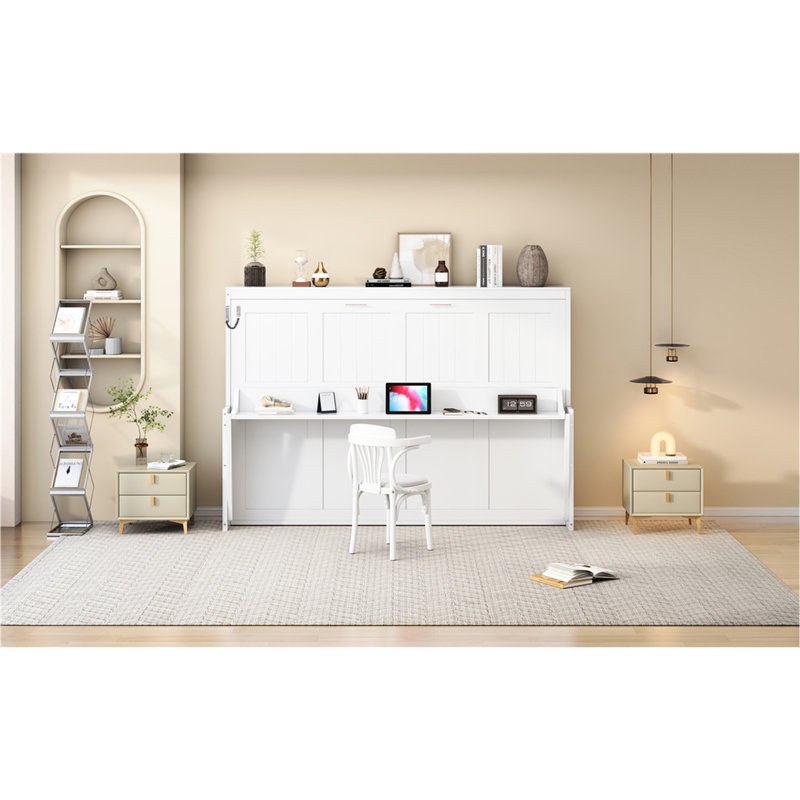 Lit de taille avec bureau hydraulique, espace pour les petits espaces, structure solide assurant la stabilité, rangement intégré et matelas, charnières murales pour matelas de 10 pouces, pratique, poids de 600 lb