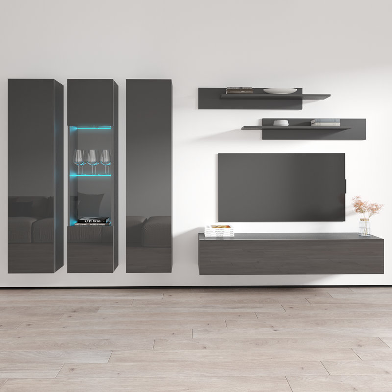 Vong 120" Modern Floating Wall Mounted Entertainment Center with 16-Color LED Lighting, High Gloss Finish, Gray