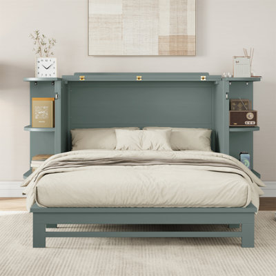 Armoire-lit style rustique en pin massif de style campagnard avec station de charge et 2 tablettes ouvertes pour le bureau à domicile ou une petite pièce