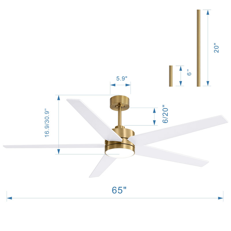 Elraine 65" Large Modern Ceiling Fan with Light Kit and Remote Control, 3 LED Colours, 6 Speed Noiseless DC Motor, 5 Plywood Blades, for Indoor/Covered Outdoor Use