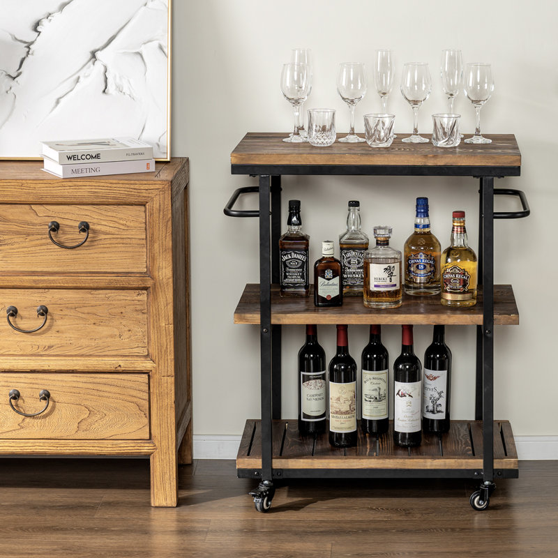 Industrial Wood 3 Tier Bar Beverage Cart Serving Cart