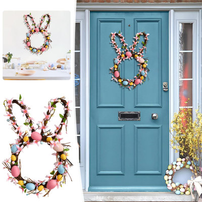Easter Artificial Cherrys Blossoms And Egg Wreath With Woven Bunnys Ears Faux Floral Spring Door Hanger Decorative Grapevine Wreath For Home Entrance