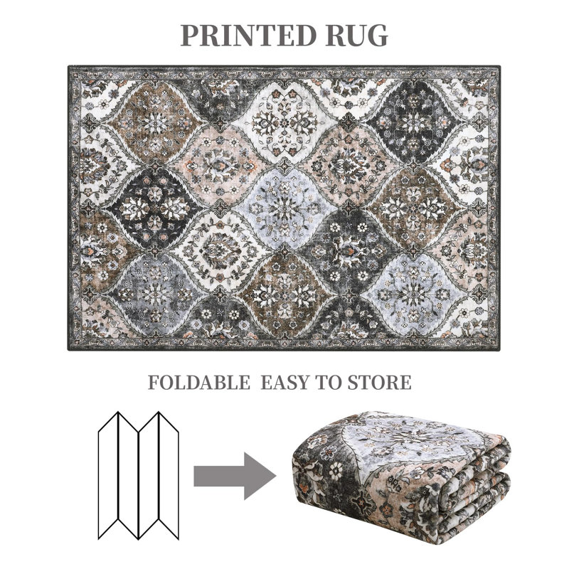 Rectangle Floral Washable Area Rug, Brown, Rectangle 120 x 170 cm