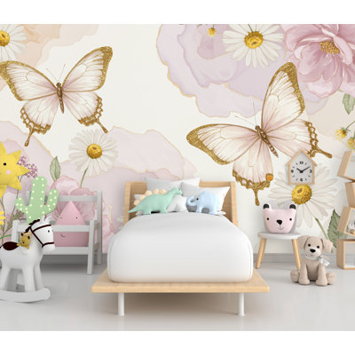 Papier peint papillon et fleur - pivoines rosées, décorations dorées, aquarelle élégante pour chambre d'enfant (pelez et collez) 