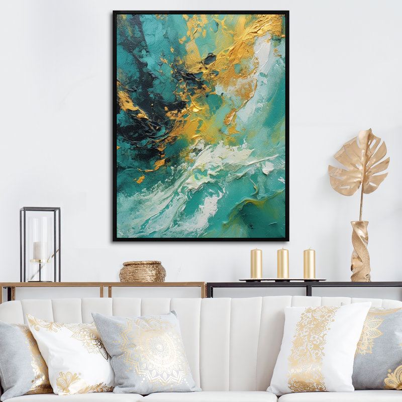 «Golden Turquoise Waves Breaking Abstract I», reproduction d'art sur toile, Cadre flottant noir, H 44 po x l 34 po x P 1,5 po