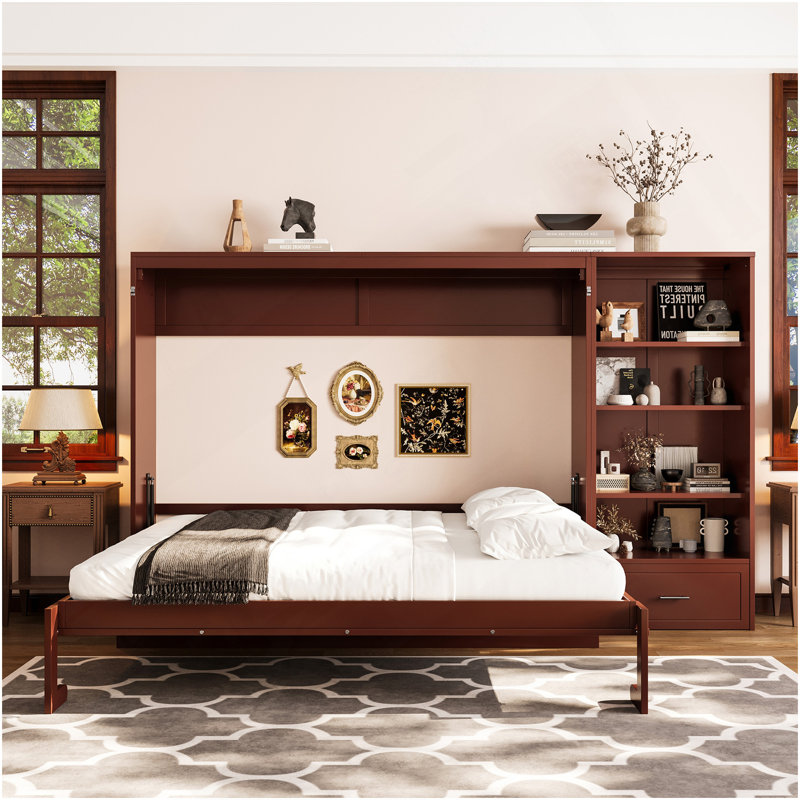 Grand lit escamotable avec compartiments de rangement à hauteur réglable et tablette, cadre de lit mural avec 1 tiroir, lit plateforme pliable multifonctionnel pour petit espace, chambre à coucher, chambre d'amis, noyer