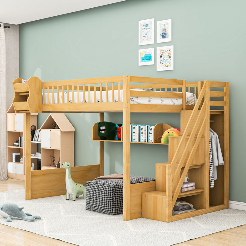 Queen Wooden Loft Bed With Shelves, Wardrobe And Guardrails, Natural