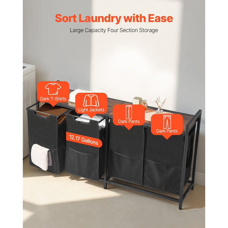 4 Section Laundry Sorter, Large Laundry Hamper With Metal Frame And Wooden Tabletop, Freestanding Storage Organizer Baskets With Pull-Out 600D Oxford Cloth Bags For Dirty Clothes, Bathroom