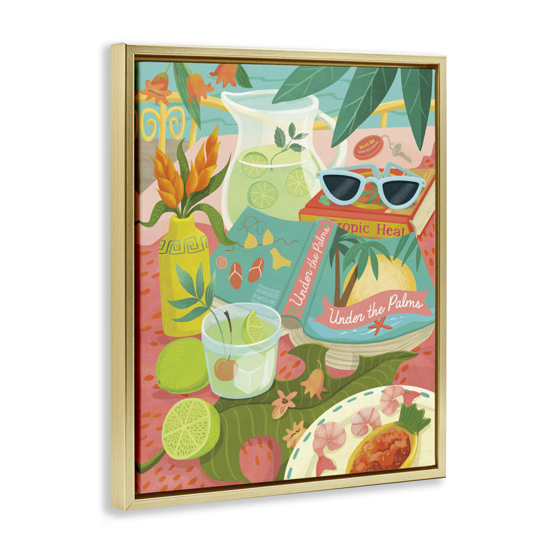 "Tropical Drinks on Beach", art mural encadré par Laura Watson, H 21 po x l 17 po, Cadre flottant métallique doré