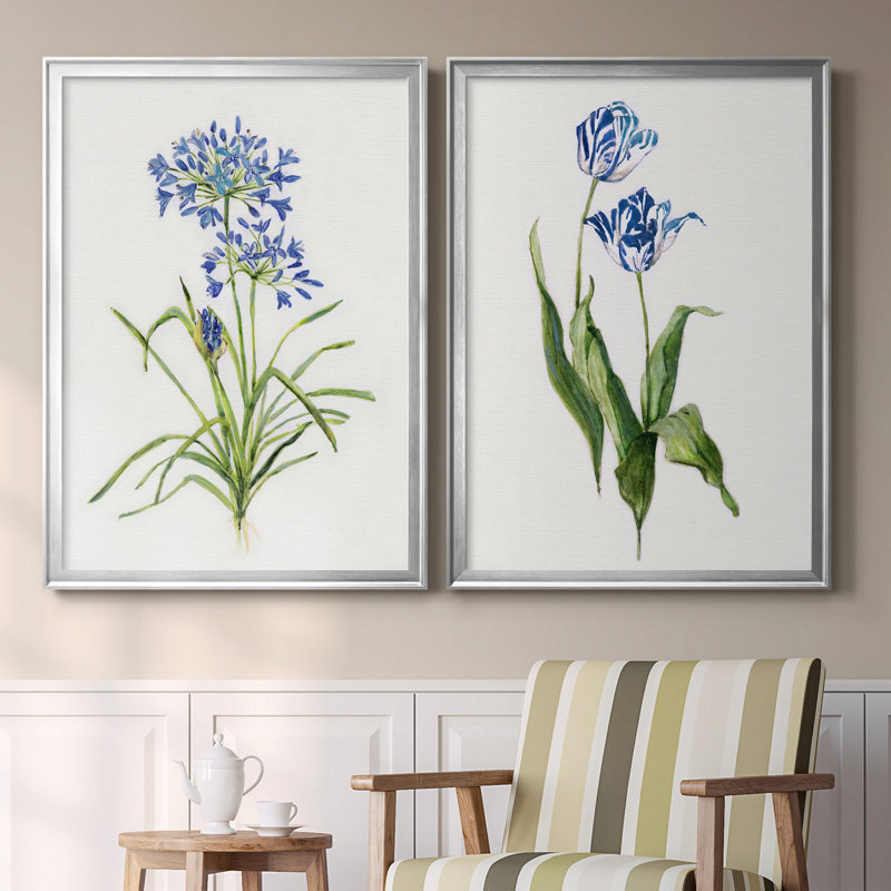 Blue Botanical Canvas Prints with Silver Frames, Set of 2