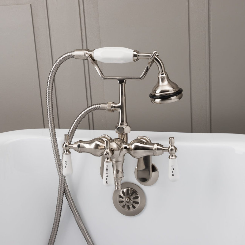 Robinet de baignoire sur pattes à 3 poignées, Nickel brossé