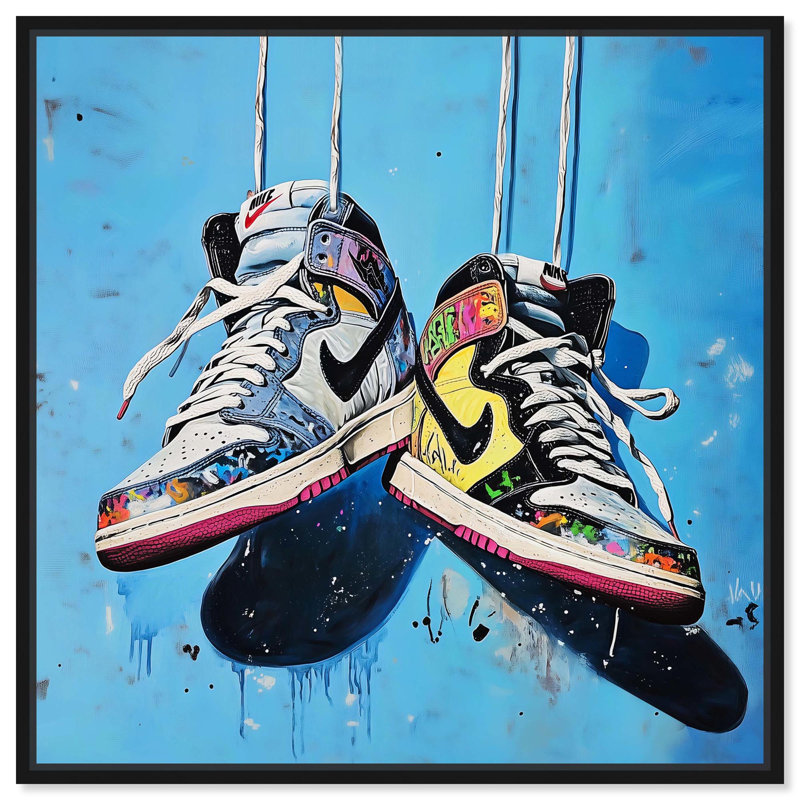 Espadrilles et lacets, toile par Art Remedy, H 13 po x l 13 po, Noir, Cadre flottant