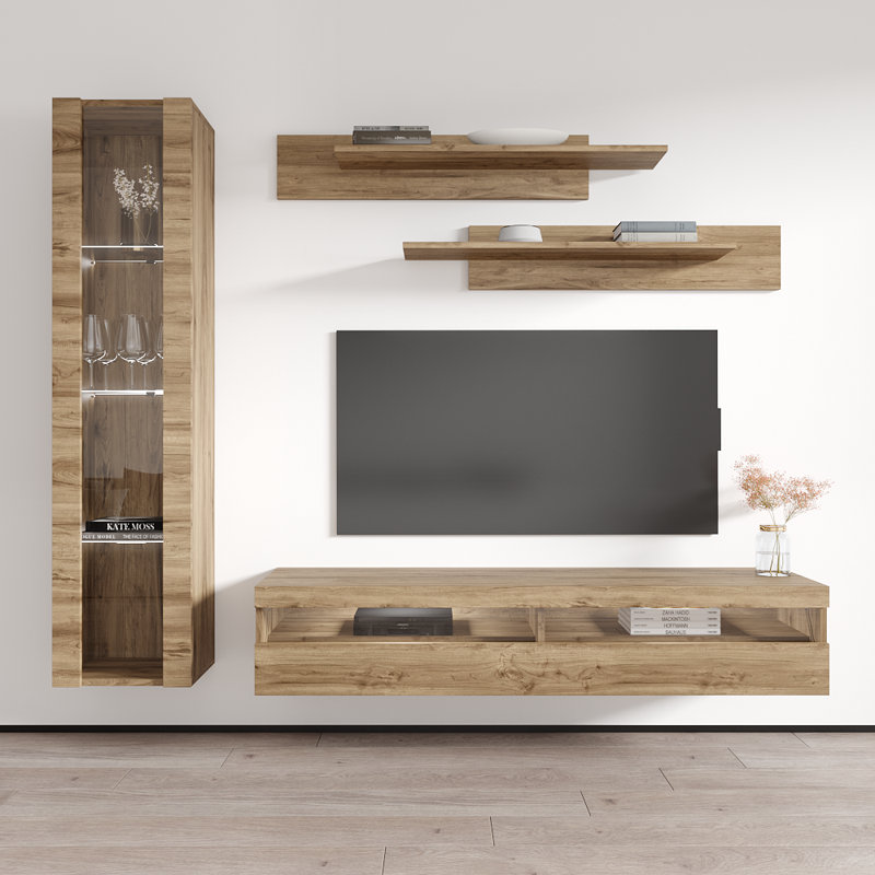 Lineberry 85" Modern Floating Wall Mounted Entertainment Center with 16-Color LED Lighting, High Gloss Finish, Oak