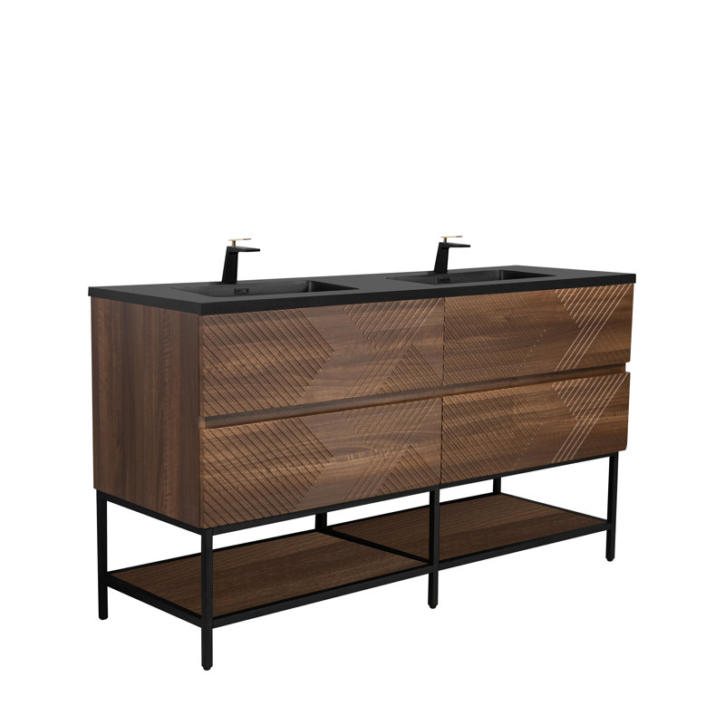 Abrem 60 po L x 19 po P 4 tiroirs Meuble-lavabo autoportant avec évier double et Comptoir en Quartz noir d'ingénierie
