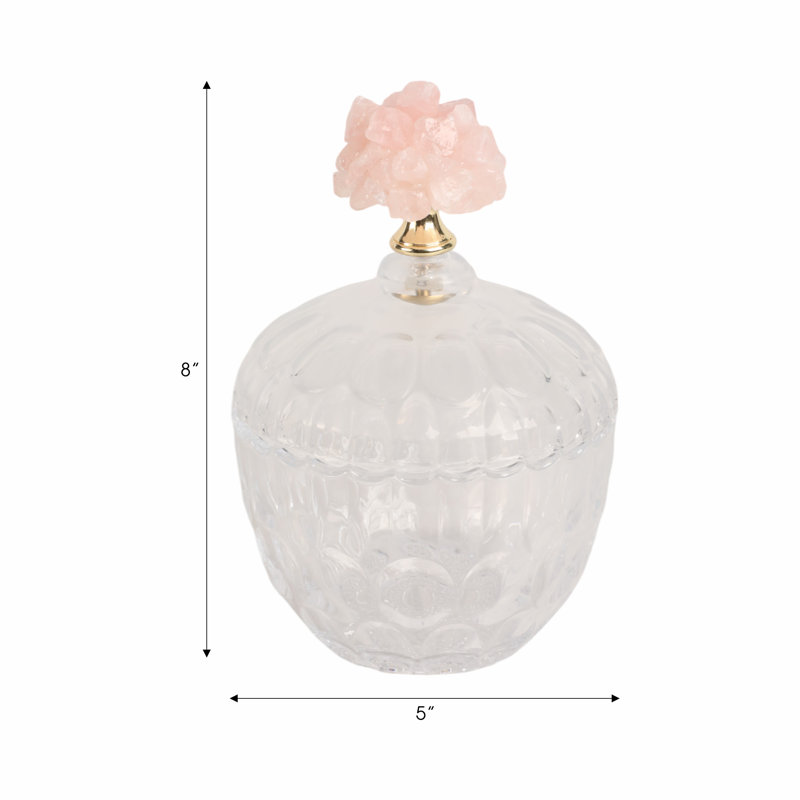 Pot décoratif en verre avec couvercle en cristal avec décoration pour la maison - Élégant grand pot de table contenant idéal pour le meuble-lavabo et la chambre à coucher - Rose et transparent