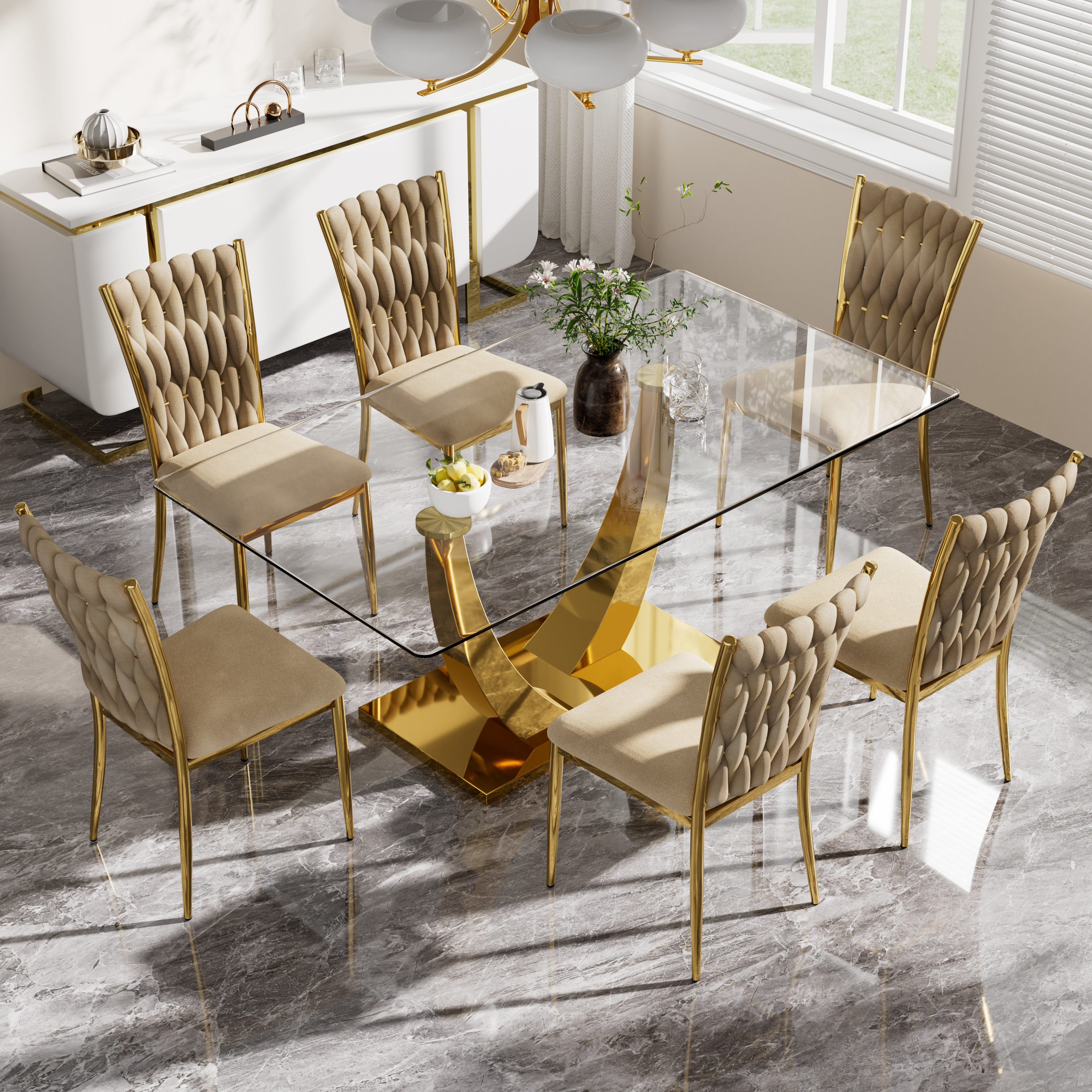 Everly Quinn 71” Rectangle Tempered Glass Top Dining Table Set for 6-8 ...