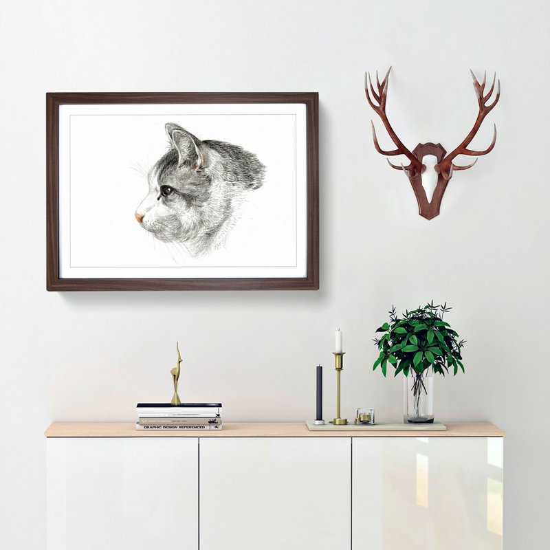 Portrait of a Cat by Jean Bernard - Picture Frame Drawing Print, 27cm H x 36cm W x 2cm D, Walnut Framed