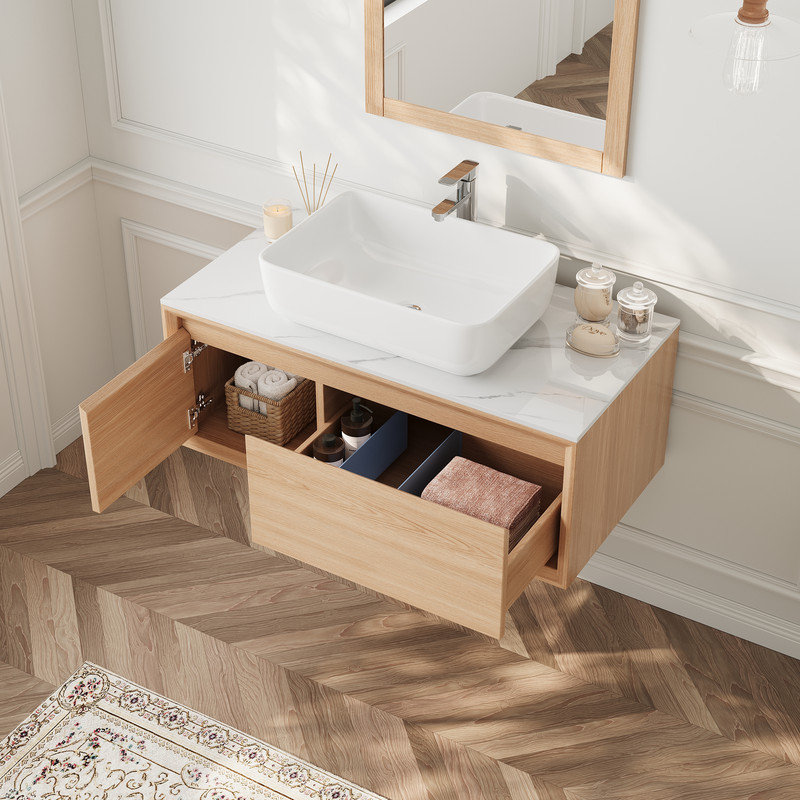 Meuble-lavabo mural de 91 cm avec lavabo, meuble suspendu moderne avec 2 tiroirs de rangement, lavabo rectangulaire blanc et meuble préassemblé, fini bois naturel