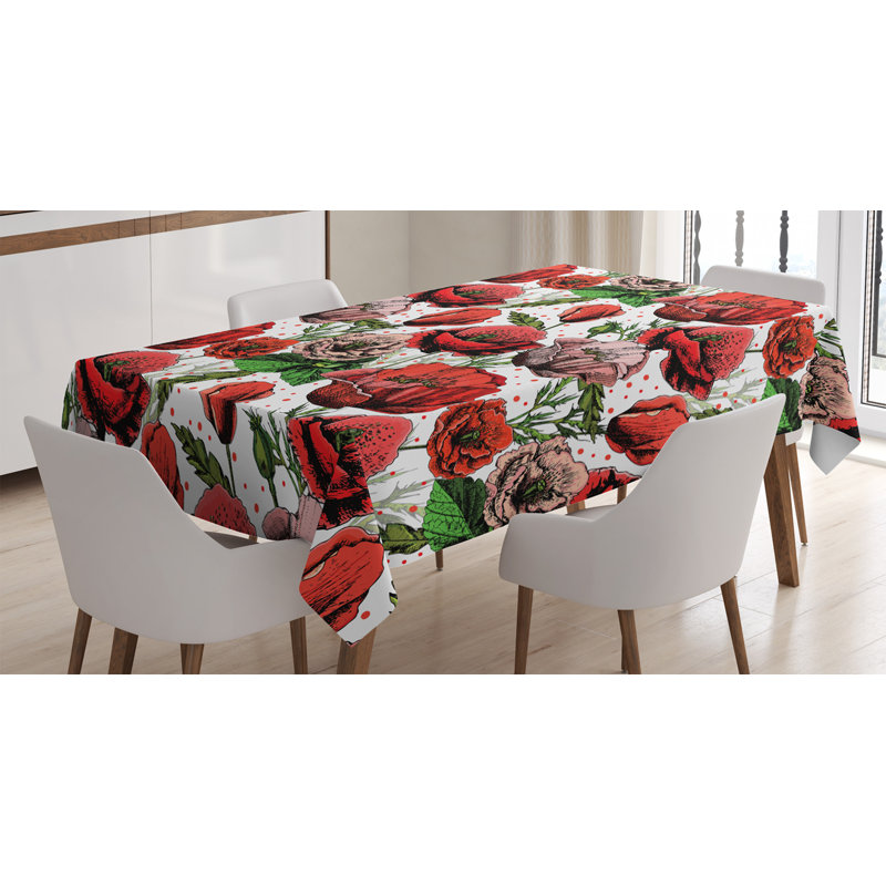 Flower Tablecloth, Pattern With Colorful Poppy Flowers Polkadot Background Classic Style, Rectangular Table Cover For Dining Room Kitchen Decor, 60" X 84", Red Green Dried Rose