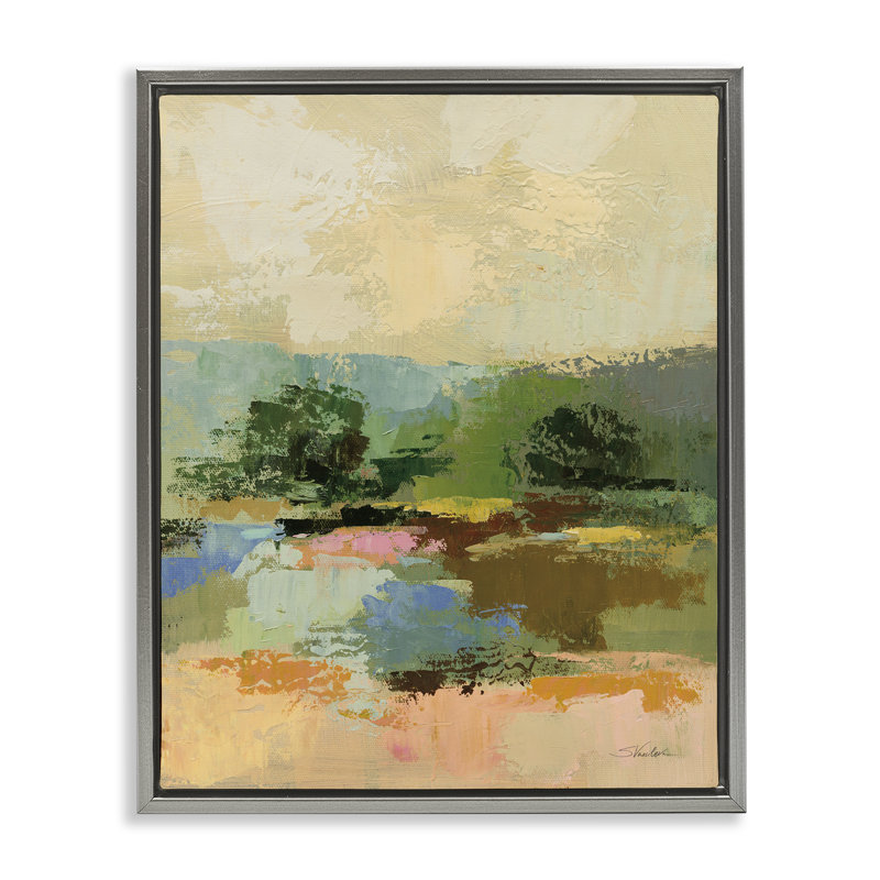 Across The River, toile abstraite encadrée par Silvia Vassileva, Cadre flottant gris lustré, H 21 po x l 17 po