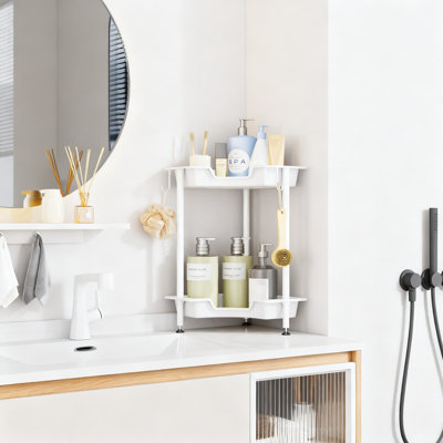 Corner Shower Caddy Stand - 2-Tier Floor Standing Shower Organizer With Hooks, Plastic And Stainless Steel Waterproof Bathroom Storage Rack For Bathtub