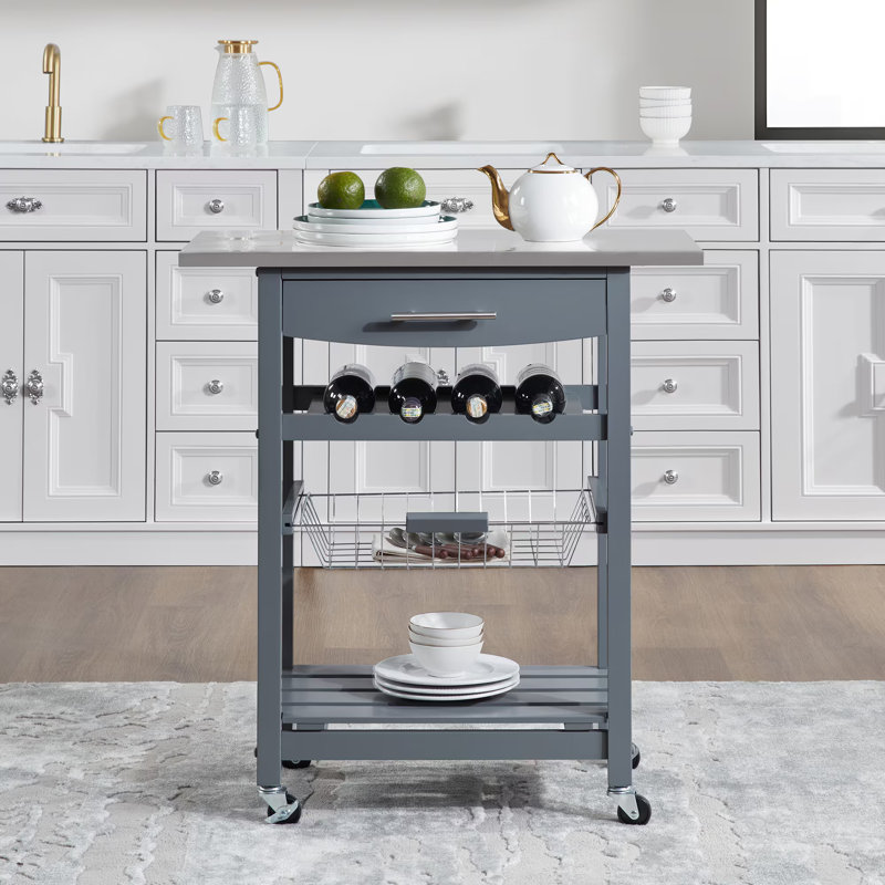 Chariot de service mobile à roulettes, Gris, 33" H 30" W x 16" D,  Acier inoxydable