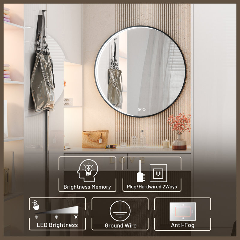 Fantina Round 3 Color Adjustable LED Metal Framed Wall Mirror with Anti-fog, Black, 28" x 28"