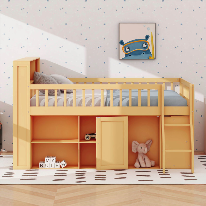 Lit mezzanine avec rangement, tête de lit avec lumière DEL, Double, Naturel