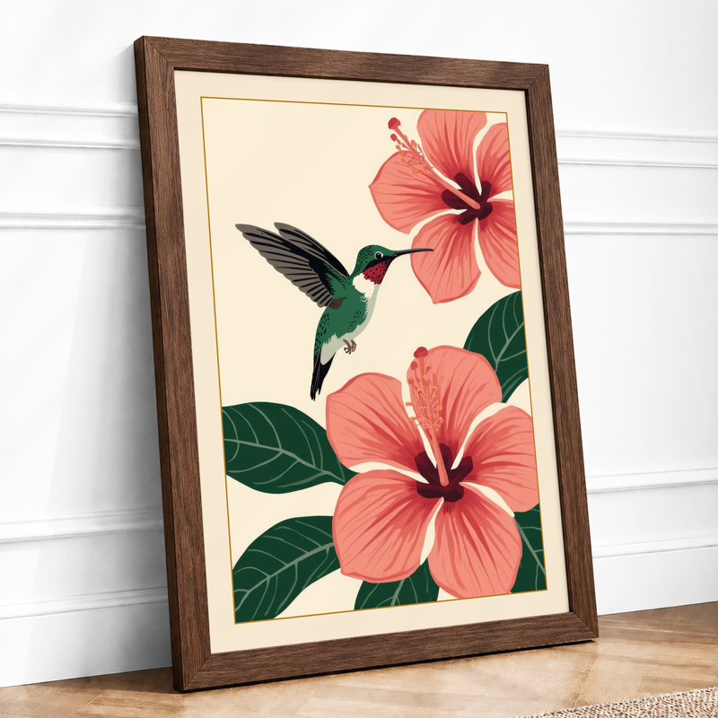 Hummingbird and Hibiscus Botanical - Framed Print, A4 - 29.7 x 21.0 cm, Walnut