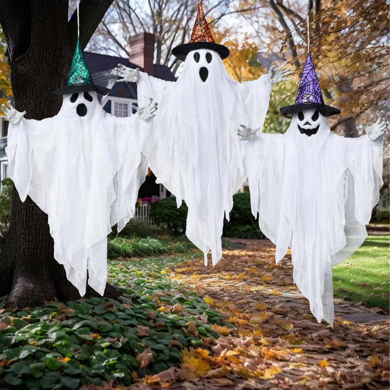 3 Pack 24.8" Hanging Ghost Decorations, Halloween White Ghost with Hats for Haunted House Graveyard Scene, Spooky Indoor and Outdoor Decor