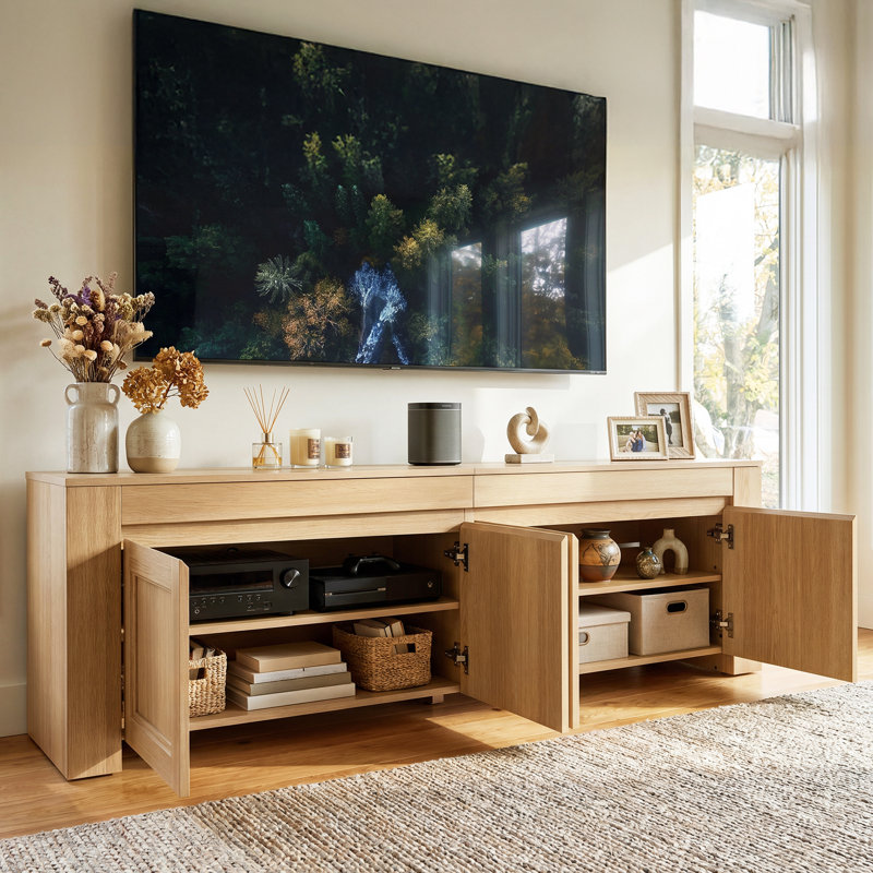 Meuble télé 70 po avec tablettes et portes de rangement, grand centre de divertissement en bois pour téléviseur de 80 po ou moins