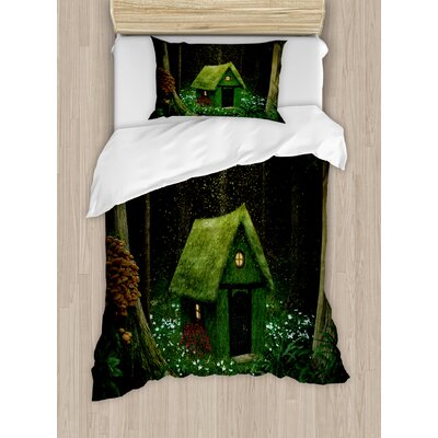 Fantasy Surreal Little Forest House in Moss Enchanted Woodland with Elves Design Duvet Cover Set -  Ambesonne, nev_29695_twin