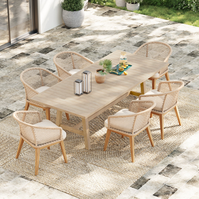 Ensemble repas d'extérieur rectangulaire avec coussins, Beige, 6