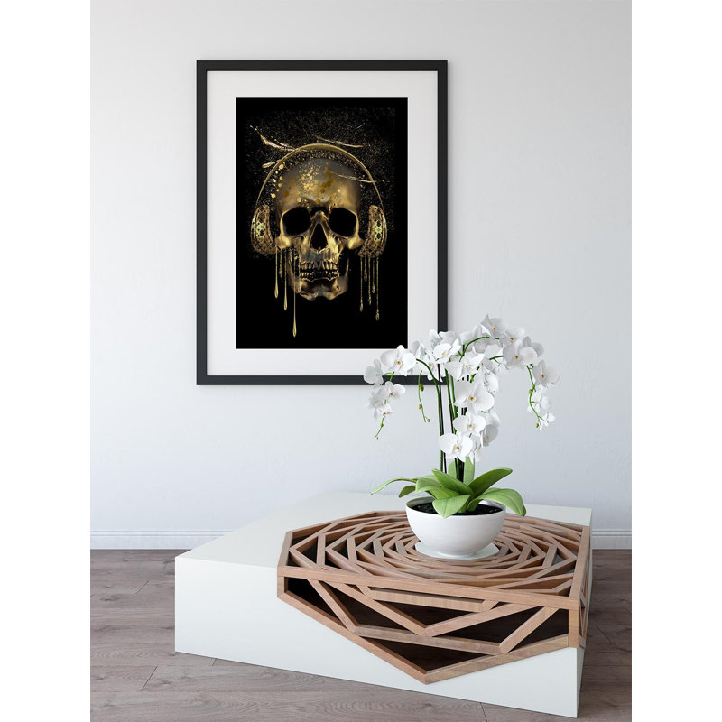 Gold Skull With Headphones - Floater Frame Print, 91cm H x 61cm W x 2.5cm D, Black Framed
