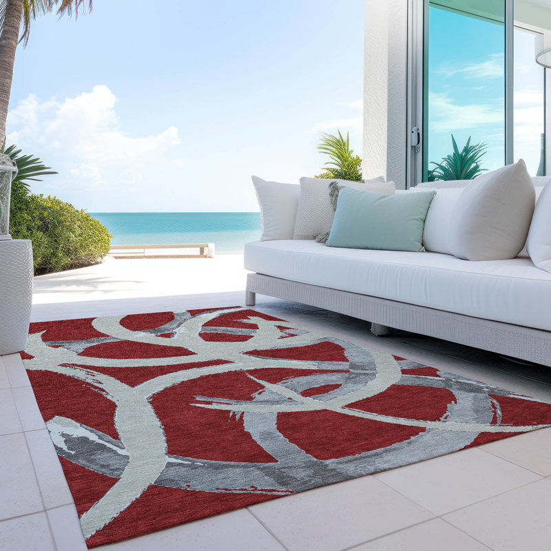 Red Synthetic Rectangular Washable 5' x 7' Area Rug
