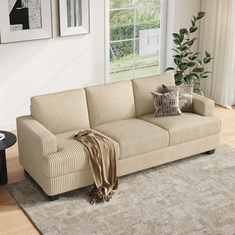 89 Inch Corduroy Sofa Couch, 3 Seater Upholstered Sofa For Living Room Apartment Office, Beige Corduroy