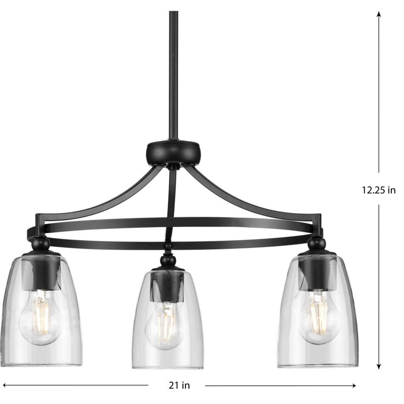 Nouveau lustre traditionnel en verre transparent à trois lumières Ahkil, Noir mat
