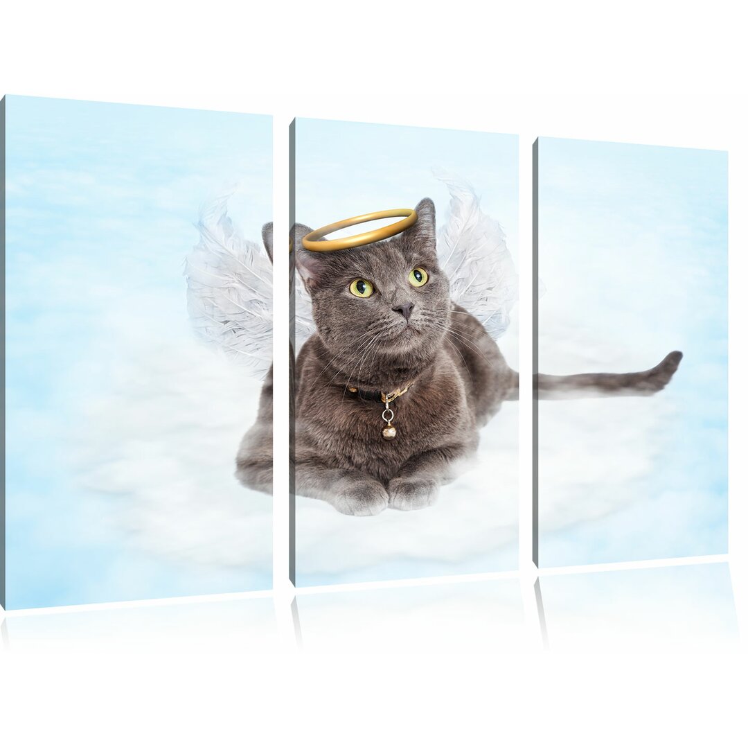 3-tlg. Leinwandbilder-Set Katzen-Engel auf einer Wolke im Himmel, Grafikdruck