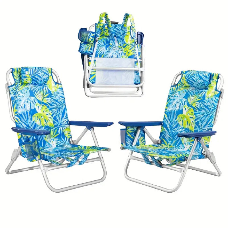 2 Packs Portable Backpack Beach Chairs For Adults - Folding Extra Wide Camping Chair - With Large Pockets And Cup Holder - Heavy Duty High Beach Chairs For Outdoor, Lawn, Trip, Picnic And Fishing