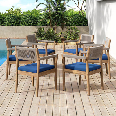 Chaises de salle à manger d'extérieur en bois d'acacia - aspect teck avec corde et coussins, accoudoirs - meubles de patio toutes saisons pour le jardin, la piscine et la cour