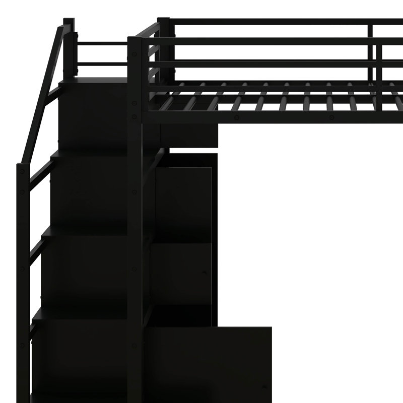 Grand lit mezzanine avec escalier de rangement, armoire, tablettes et armoires